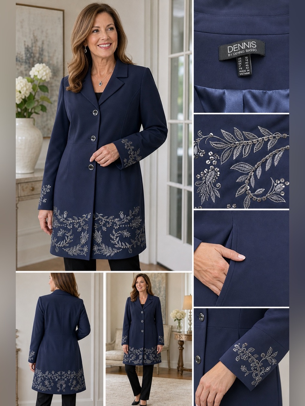 Dennis Basso Embroidered Long Jacket Topper Navy Blue Sequin Floral NWOT Size 16
